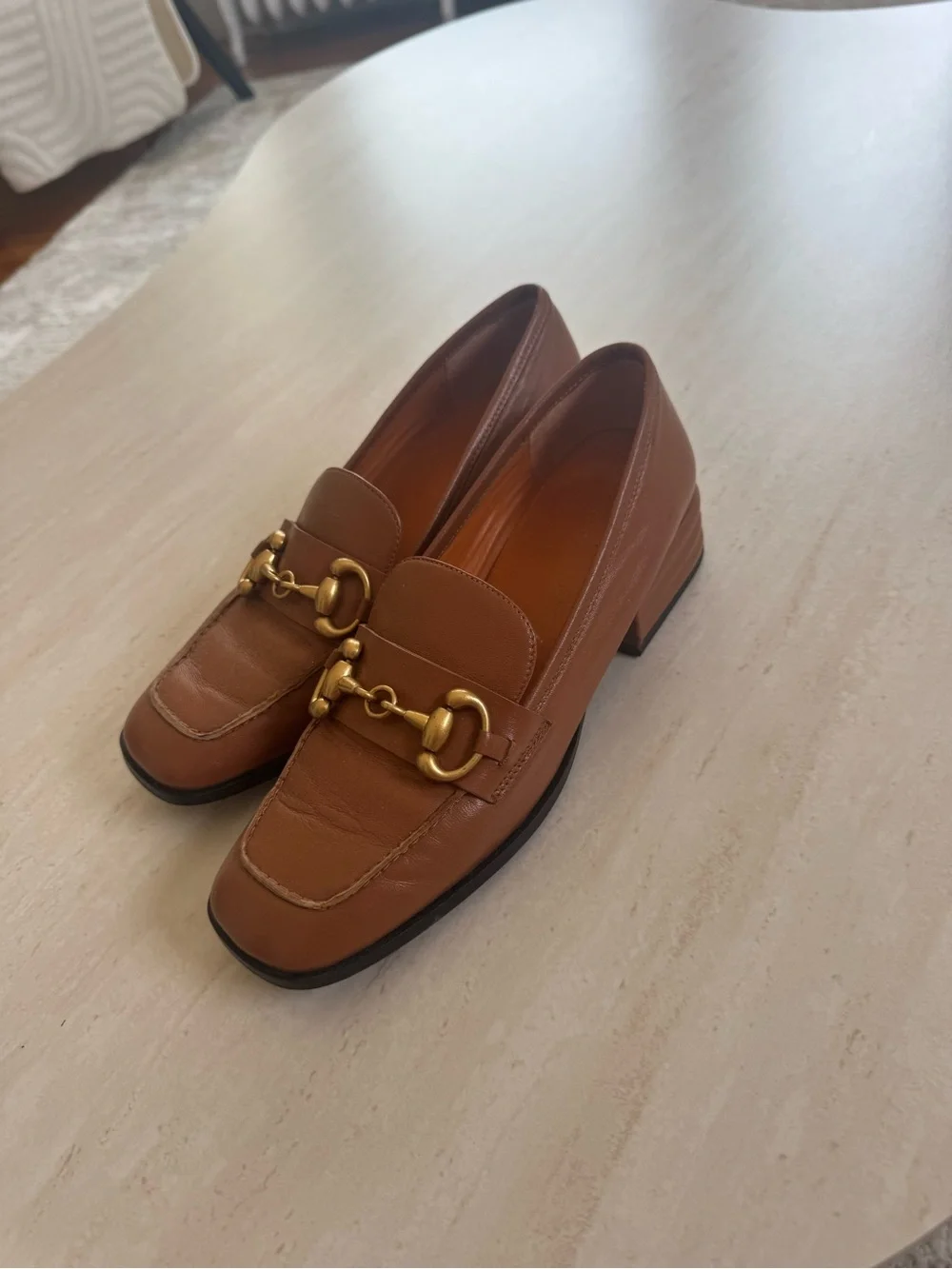 Women’s Brown Leather Loafers with Gold Horsebit Accent